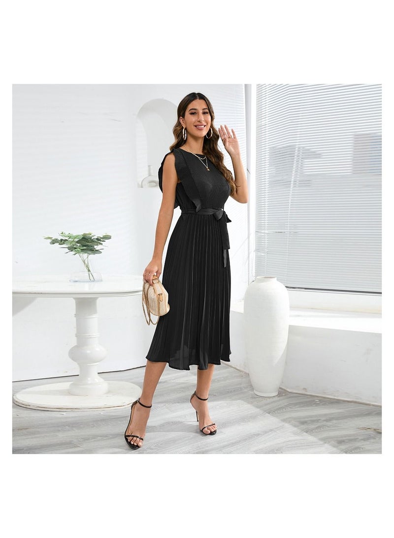 Loquat A Pleated Solid Color Dress With Lotus Leaf Sleeves  - Image 3