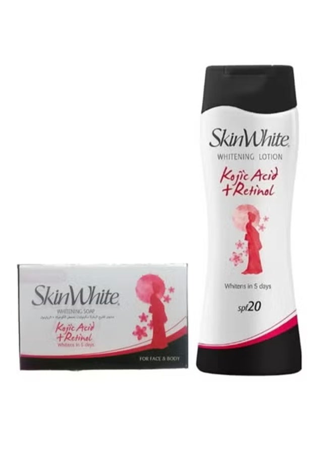 سكين وايت لوشن تبييض بحمض الكوجيك + ريتينول بعامل 20 حماية من أشعة الشمس 100 مل & صابون تبييض بحمض الكوجيك + ريتينول 70 جرام