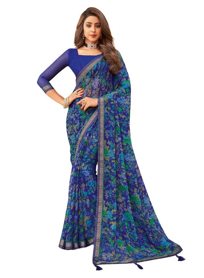 shiv textiles ساري شيف للأقمشة النسائية من الشيفون مزين بطبعات زهرية ودانتيل (SAT-543S-102) - Image 1