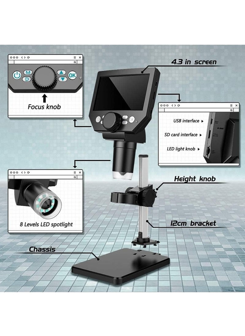 Excefore - ميكروسكوب رقمي LCD، 4.3 بوصة 1080P 10 ميغابيكسل، تكبير 1-1000X عدسة مكبرة لاسلكية USB كاميرا ميكروسكوب استيريو، كاميرا 10 ميغابيكسل مسجل فيديو بشاشة HD - Image 1