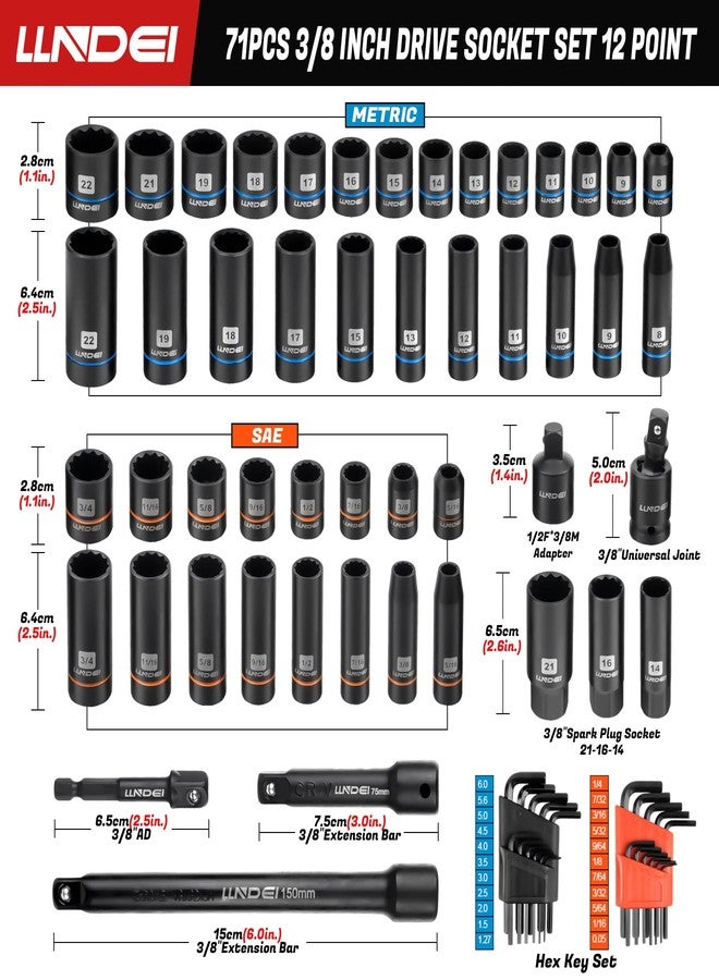 LLNDEI 3/8 inch Drive 12 Point Socket Set 71 Piece,SAE(5/16-3/4") and Metric(8-22mm),Deep & Shallow,CR-V,With Drill Socket Adapter & Extension Bar 3/8",Hex Key Set - Image 2