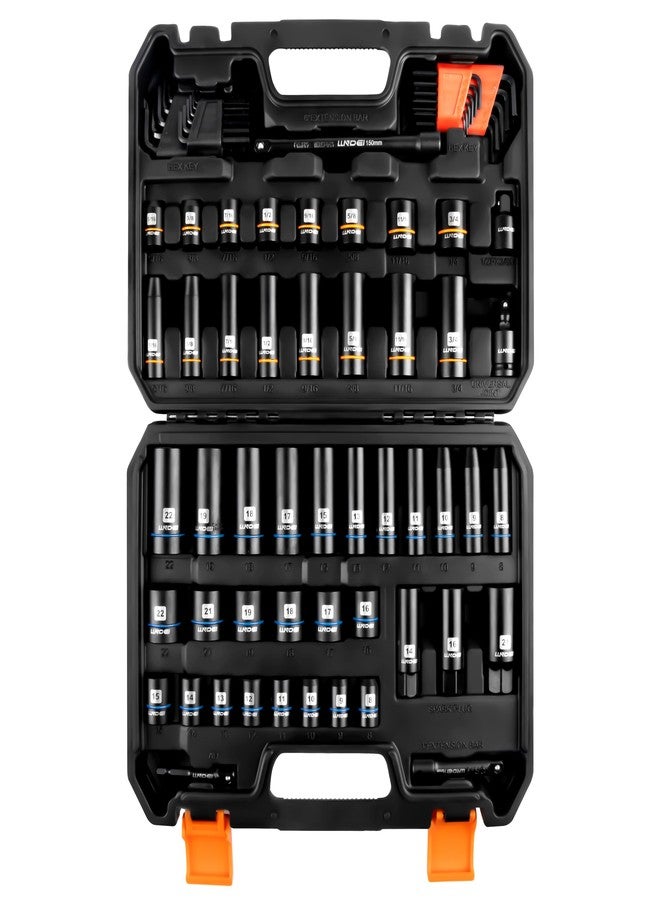 LLNDEI 3/8 inch Drive 12 Point Socket Set 71 Piece,SAE(5/16-3/4") and Metric(8-22mm),Deep & Shallow,CR-V,With Drill Socket Adapter & Extension Bar 3/8",Hex Key Set - Image 1