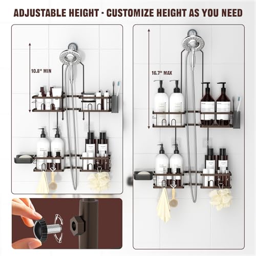 REINHARDT Adjustable Shower Caddy Hanging Rustproof Shower Caddy for Handheld Showerheads, Shower Organizer with Hooks Soap Holder, Anti-Swing Shower Rack Bathroom Accessories, Bronze - Image 2