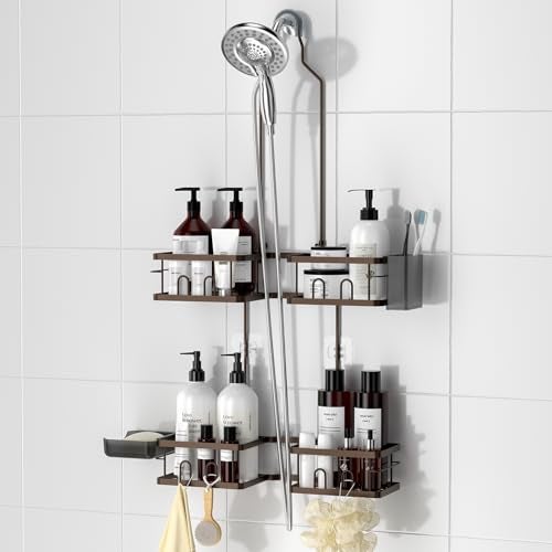 REINHARDT Adjustable Shower Caddy Hanging Rustproof Shower Caddy for Handheld Showerheads, Shower Organizer with Hooks Soap Holder, Anti-Swing Shower Rack Bathroom Accessories, Bronze - Image 1