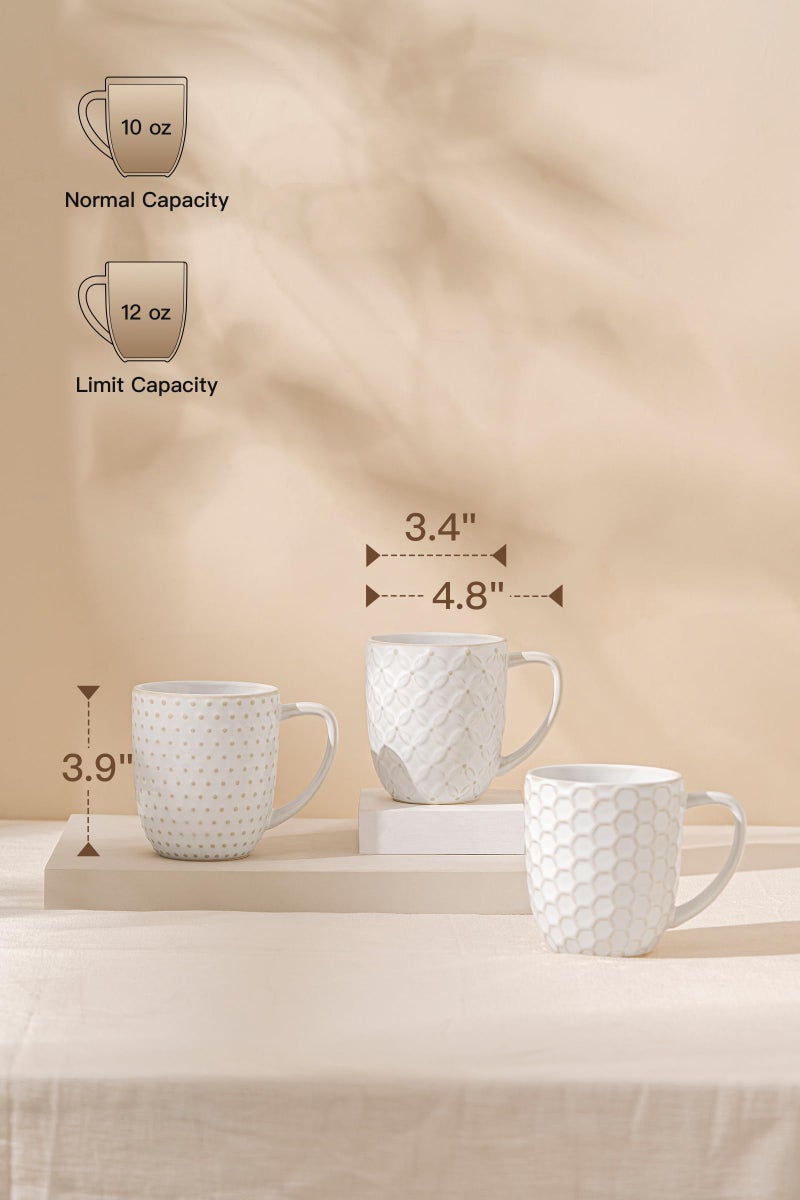 FOBENTA Ceramic Coffee Mugs Set of 4, 12oz Embossed Cups with Elegant Patterns â€“ A Thoughtful Gift for Women, Mom, or Friends,Perfect for Tea, Latte, Cocoa (Arctic White, 12 OZ) - Image 2