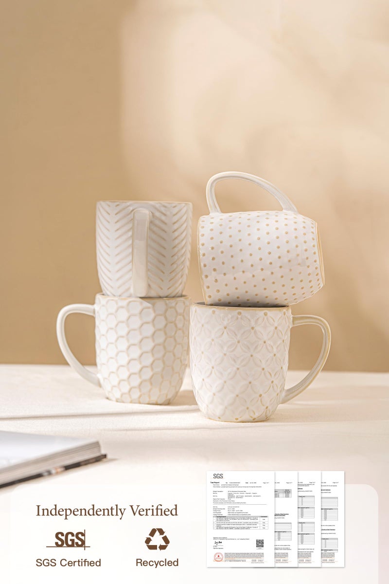 FOBENTA Ceramic Coffee Mugs Set of 4, 12oz Embossed Cups with Elegant Patterns â€“ A Thoughtful Gift for Women, Mom, or Friends,Perfect for Tea, Latte, Cocoa (Arctic White, 12 OZ) - Image 4