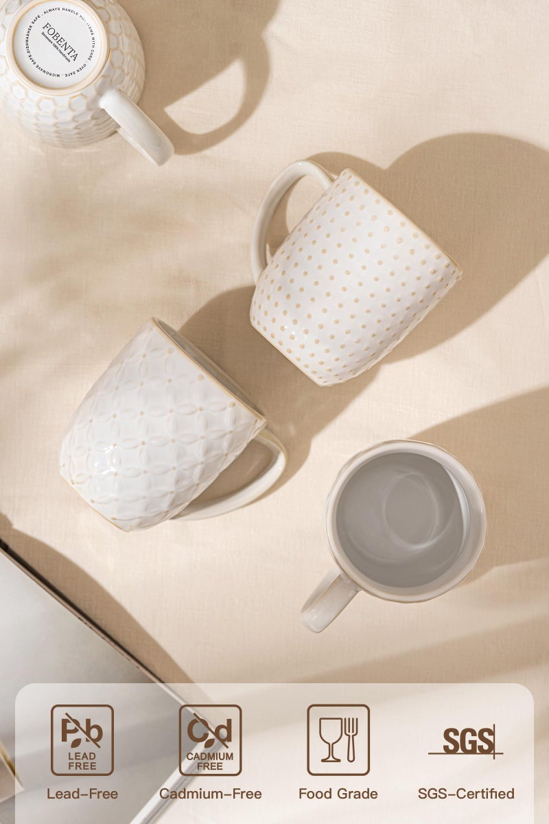 FOBENTA Ceramic Coffee Mugs Set of 4, 12oz Embossed Cups with Elegant Patterns â€“ A Thoughtful Gift for Women, Mom, or Friends,Perfect for Tea, Latte, Cocoa (Arctic White, 12 OZ) - Image 3
