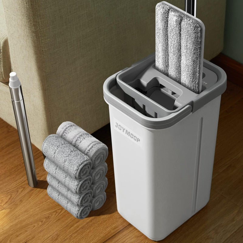 JOYMOOP Mop and Bucket with Wringer Set, Hands Free Flat Floor Mop and Bucket, with 8 Washable Microfiber Pads, Wet and Dry Use, Floor Cleaning System - Image 1