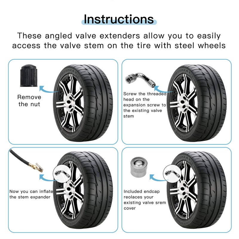 Mellbree 6-Pack Valve Stem Extenders, 45 Degree 90 Degree 135 Degree Schrader Tire Valve Extension Compatible for Dual Wheels Passenger Cars, RV, Stroller, Bicycles, Motorcycles and Trailers - Image 2