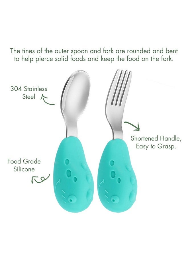 YIVEKO Baby Fork and Spoon Set with Carry Case Baby Training Utensils Self Feeding Toddler Silverware Silicone and Stainless Steel Kids and Toddler Utensil Set-Dinosaur - Image 3