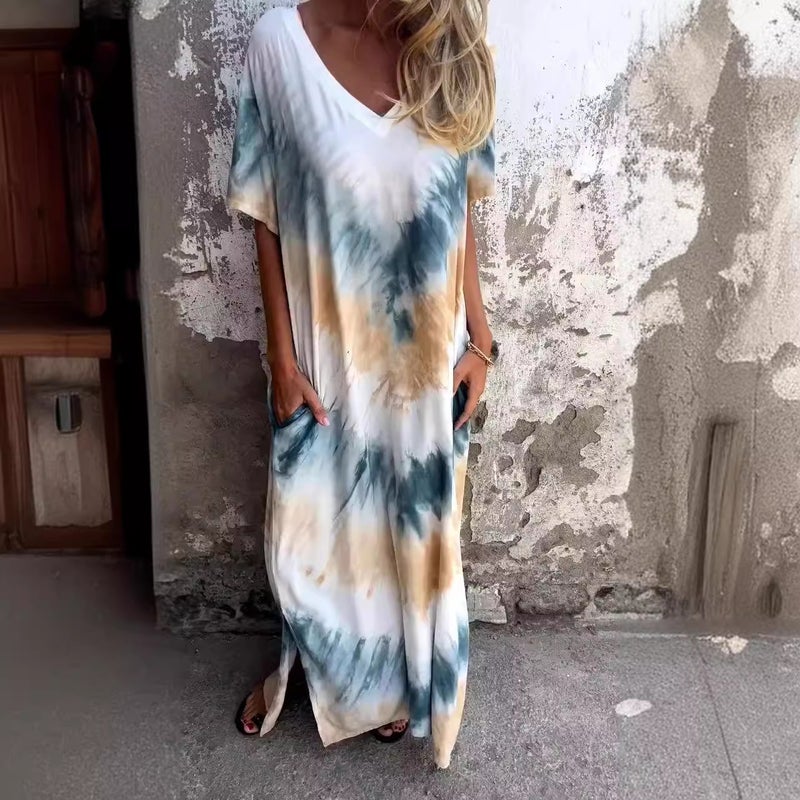 Women's Casual Loose Short Sleeve V-Neck Split Tie-Dye Maxi Dress - Image 1