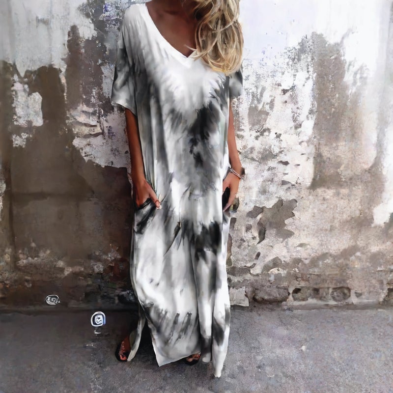 Women's Casual Loose Short Sleeve V-Neck Split Tie-Dye Maxi Dress - Image 4