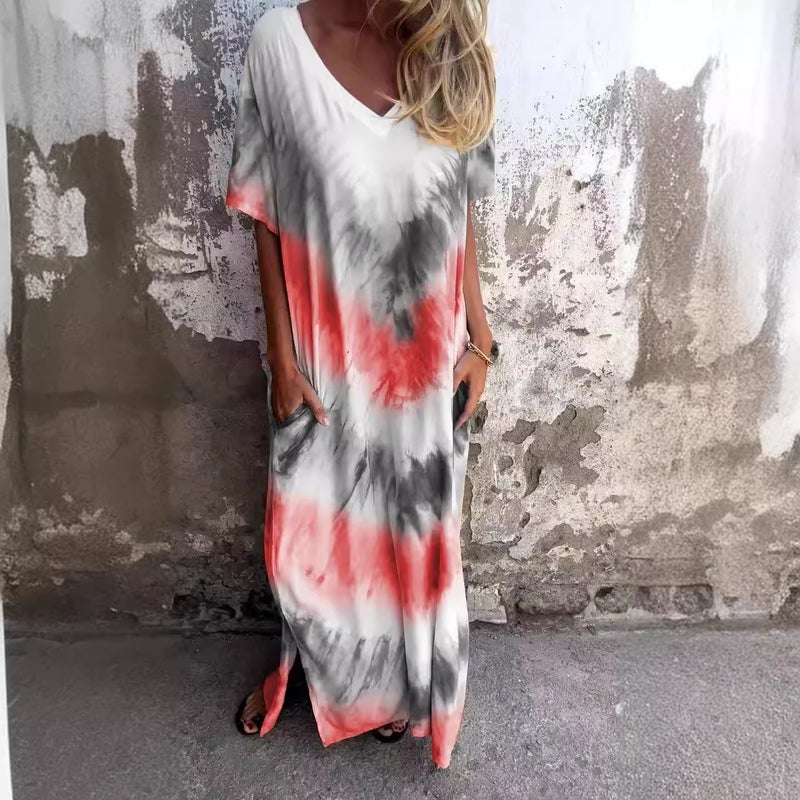 Women's Casual Loose Short Sleeve V-Neck Split Tie-Dye Maxi Dress - Image 3