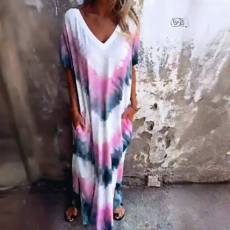 Women's Casual Loose Short Sleeve V-Neck Split Tie-Dye Maxi Dress - Image 2