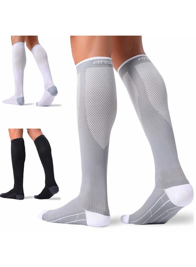 FITRELL 3 Pairs Compression Socks for Women and Men 20-30mmHg- Circulation and Muscle Support Socks for Travel, Running, Nurse, Knee High, Medical Black+White+Grey Small-Medium - Image 1