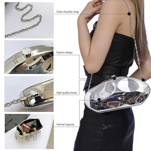 SURPRISE PIE Women's Acrylic Shell Shape Evening Clutch Purse Formal Metallic Unique Egg Handbag for Wedding Party Prom(Silver) - Image 4