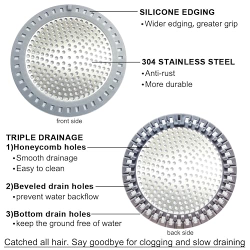 Seatery 2PCS Shower Drain Hair Catcher, Shower Drain Strainer, Stainless Steel with Silicone Edging, 4.75 Inch Diameter - Image 3