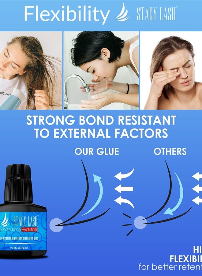 Extra Strong Evolution Eyelash Extension Glue Stacy Lash (0.34 fl.oz / 10 ml) / 1-2 Sec Drying time/Retention – 8 Weeks/Maximum Bonding/Professional Supplies/Black Adhesive/Semi-Permanent Extensions