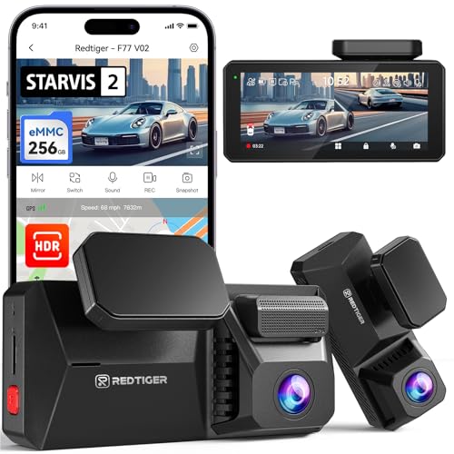 REDTIGER Dual 4K Dash Cam with 256GB eMMC, STARVIS 2 IMX678 Front and Rear Dash Camera with Dual HDR, Voice Control, 4'' Touch Screen, Built-in 5.8GHz WiFi GPS, HDR Night Vision (F77 V2) - Image 1