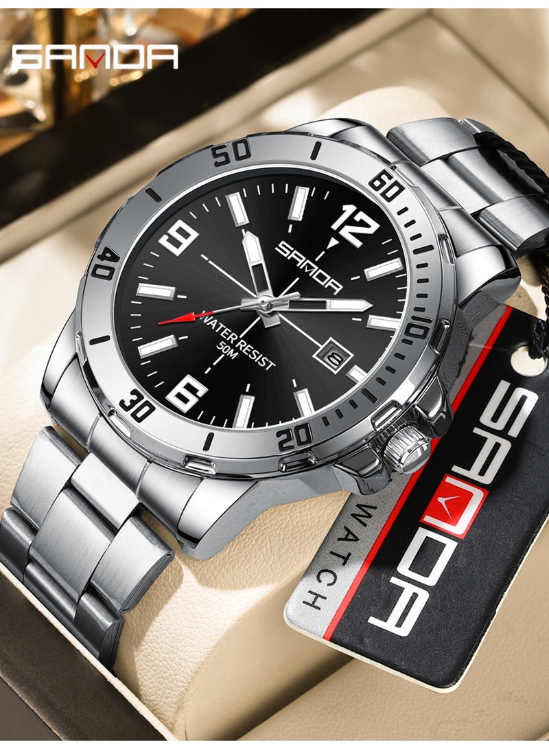 ساندا ساعة رجالية جديدة فاخرة كوارتز للرجال، مزودة بمينا كبير، وإضاءة ليلية، ومقاومة للماء، وتقويم، ساعة كوارتز رجالية للأعمال 2025 - Image 1