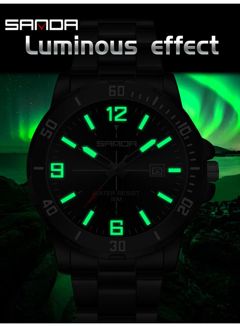 ساندا ساعة رجالية جديدة فاخرة كوارتز للرجال، مزودة بمينا كبير، وإضاءة ليلية، ومقاومة للماء، وتقويم، ساعة كوارتز رجالية للأعمال 2025 - Image 3