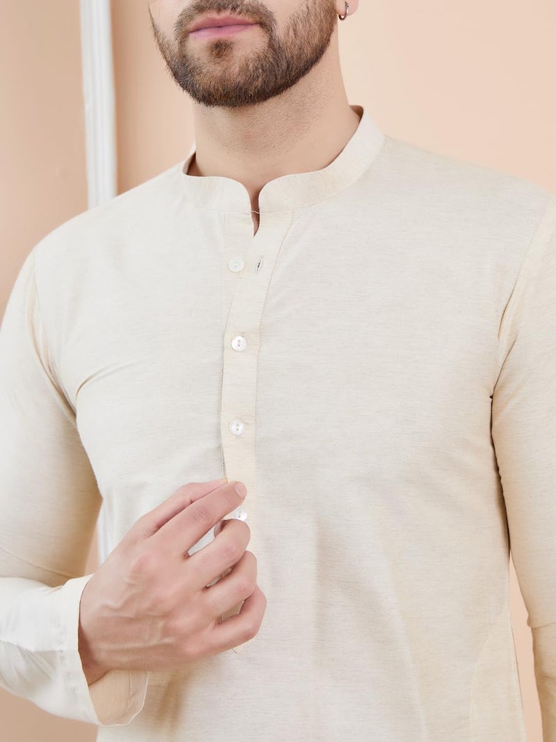 See Designs Men Full Sleeve Side Slit Cream Cotton Solid Straight Mandarin Collar Kurta - SDKT2413XXL - Image 2