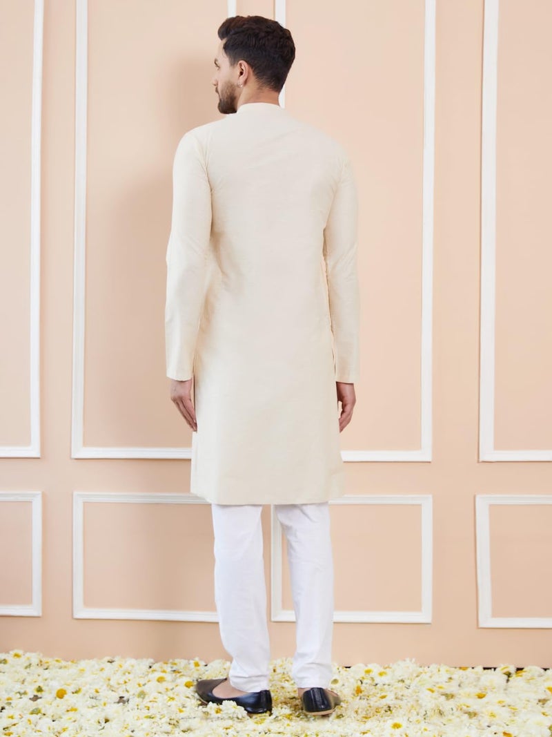 See Designs Men Full Sleeve Side Slit Cream Cotton Solid Straight Mandarin Collar Kurta - SDKT2413XXL - Image 4
