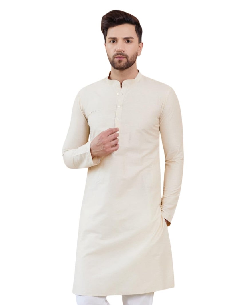 See Designs Men Full Sleeve Side Slit Cream Cotton Solid Straight Mandarin Collar Kurta - SDKT2413XXL - Image 1