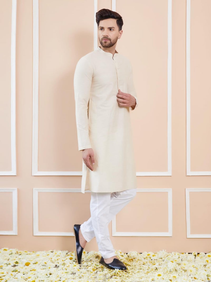 See Designs Men Full Sleeve Side Slit Cream Cotton Solid Straight Mandarin Collar Kurta - SDKT2413XXL - Image 3