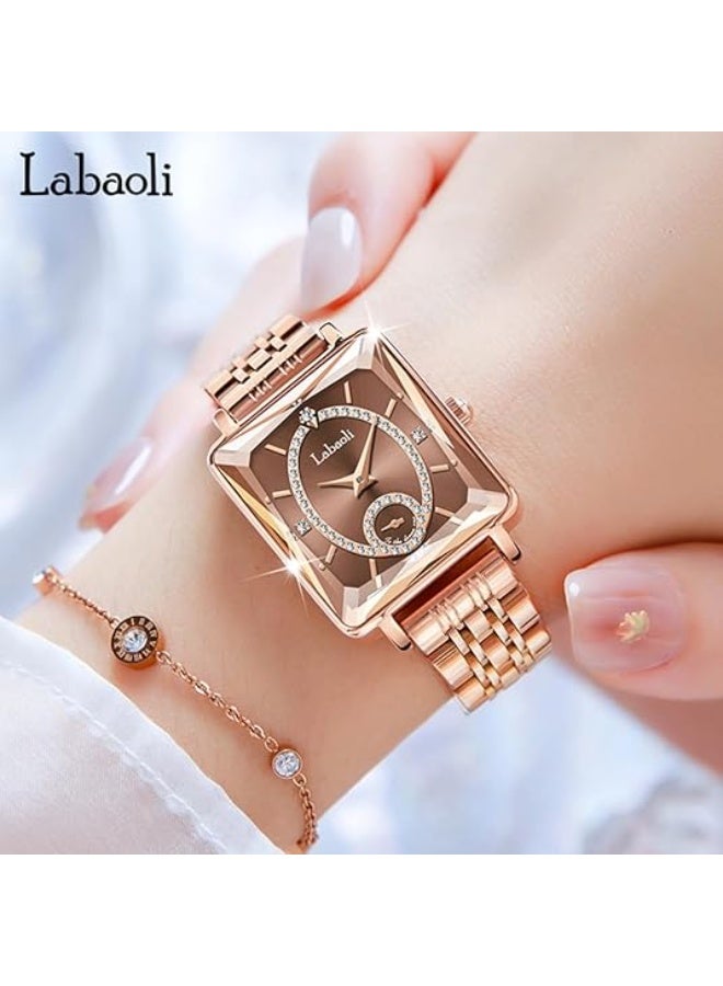 Labaoli Women's Square Analog Quartz Watch, Rhinestone-Encrusted Dial, Waterproof Stainless Steel Band Fashion Dress Wrist Watch for Ladies, 4 Colors Available - Image 2