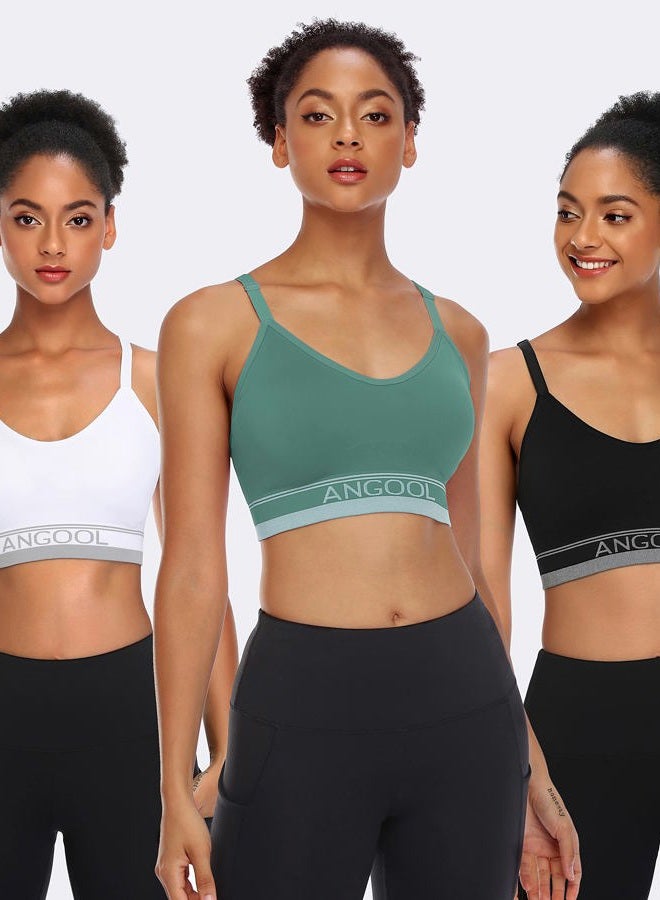 ANGOOL Strappy Sports Bras for Women, Longline Medium Support Yoga Bra Wirefree Padded Sports Bra with Adjustable Straps, Black+white+green, S - Image 2