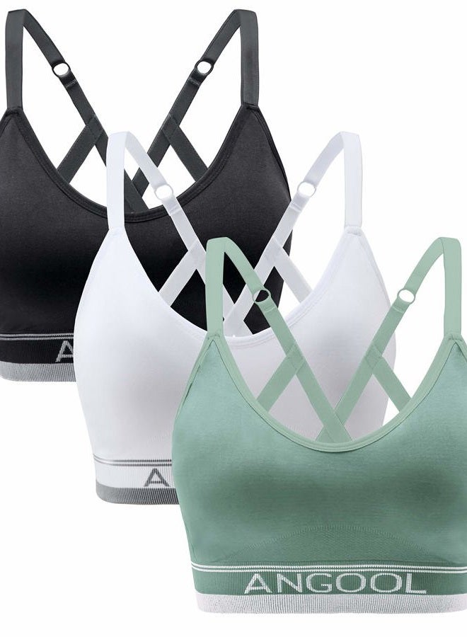 ANGOOL Strappy Sports Bras for Women, Longline Medium Support Yoga Bra Wirefree Padded Sports Bra with Adjustable Straps, Black+white+green, S - Image 1