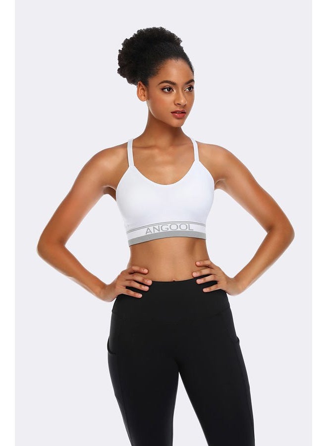 ANGOOL Strappy Sports Bras for Women, Longline Medium Support Yoga Bra Wirefree Padded Sports Bra with Adjustable Straps, Black+white+green, S - Image 5