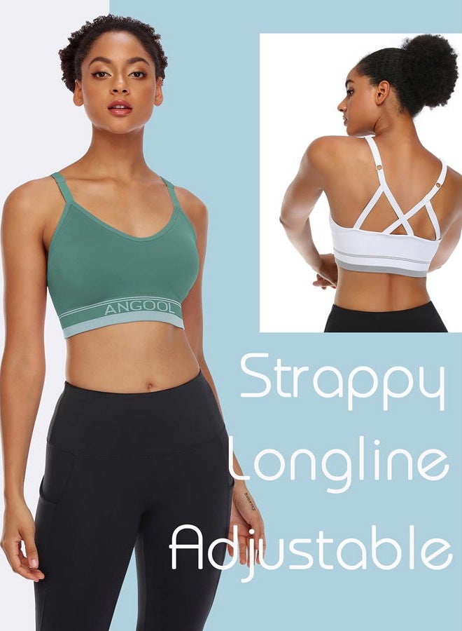 ANGOOL Strappy Sports Bras for Women, Longline Medium Support Yoga Bra Wirefree Padded Sports Bra with Adjustable Straps, Black+white+green, S - Image 3