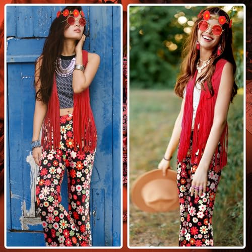 Leumoi 5 Pcs 60s 70s Costume for Women Disco Outfits Hippie Accessories Fringe Vest Boho Flared Pants Set for Halloween(Medium,Stylish) - Image 2