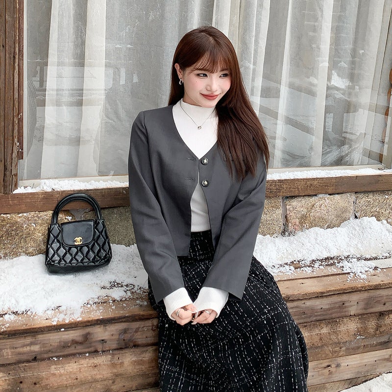 Elegant V-Neck Blazer Autumn Slim-Fit Plus-Size Jacket Bean green - Image 3