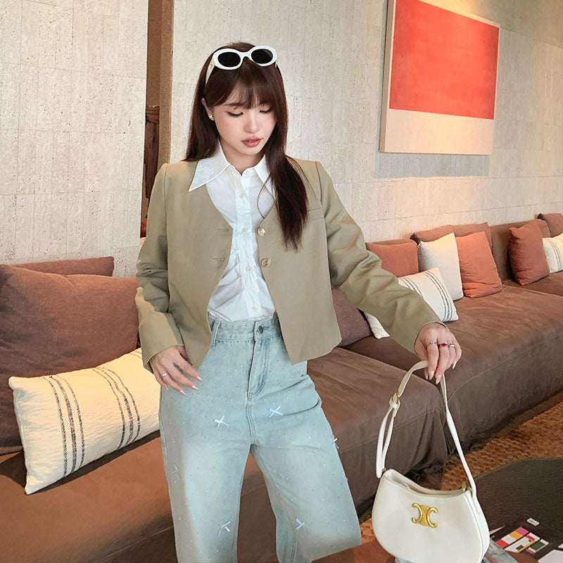 Elegant V-Neck Blazer Autumn Slim-Fit Plus-Size Jacket Bean green - Image 5