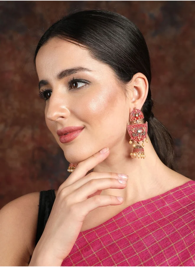 آي شين Gold-Toned & Red Classic Jhumkas Earrings