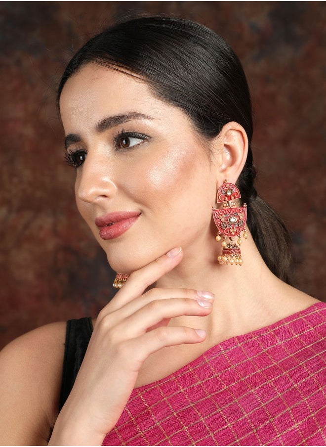 ISHIN Gold-Toned & Red Classic Jhumkas Earrings  - Image 1