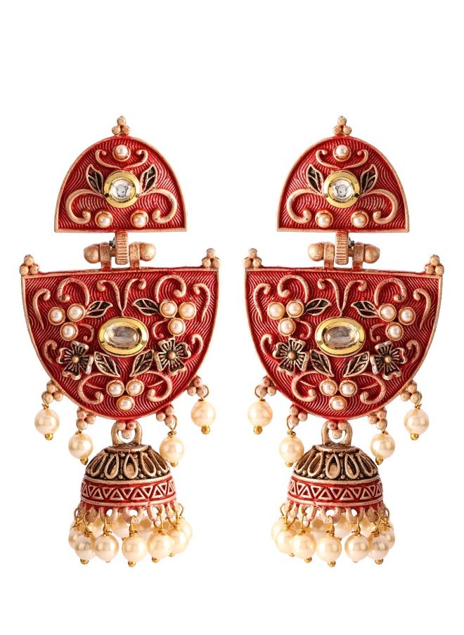 ISHIN Gold-Toned & Red Classic Jhumkas Earrings  - Image 3