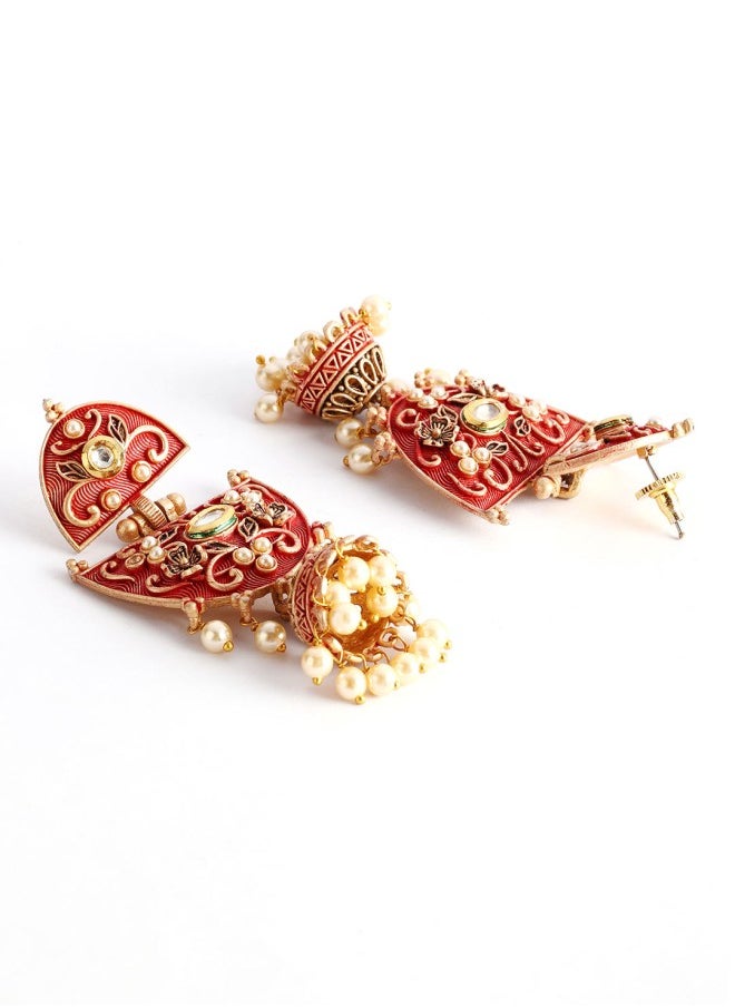 ISHIN Gold-Toned & Red Classic Jhumkas Earrings  - Image 2