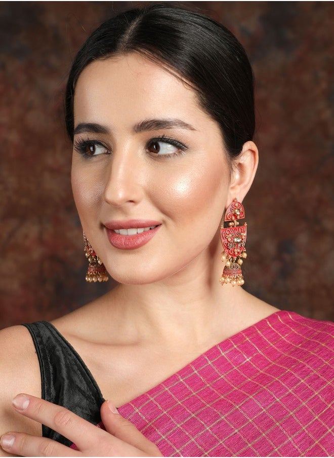 ISHIN Gold-Toned & Red Classic Jhumkas Earrings  - Image 4