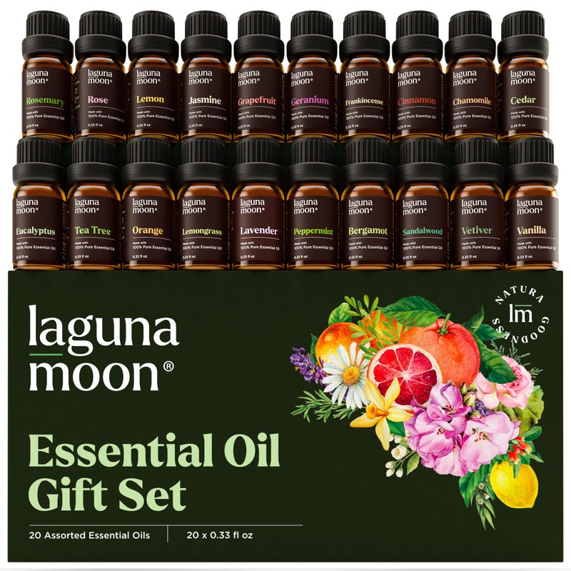 Lagunamoon Lagunamoon Essential Oils Set Top 20 Gift Set Oils for DiffusersHumidifiersAromatherapyCandle Making ScentsCars Home Products PeppermintTea TreeLavenderEucalyptusLemongrass 10mL