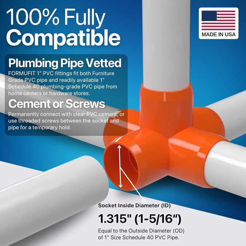 FORMUFIT 1" 5-Way Cross Furniture Grade PVC Fitting in Orange, Made in USA, UV-Resistant, Impact-Proof, 1.315” Actual Socket Diameter (Pack of 4) - F0015WC-OR-4 - Image 5