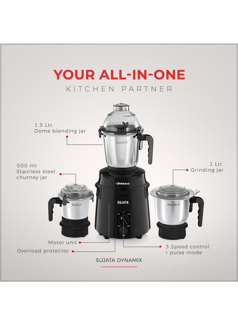 Sujata Dynamix Mixer Grinder, 900W Double Ball Bearing Motor, 3 Food Grade Steel Jars, Black - Image 3