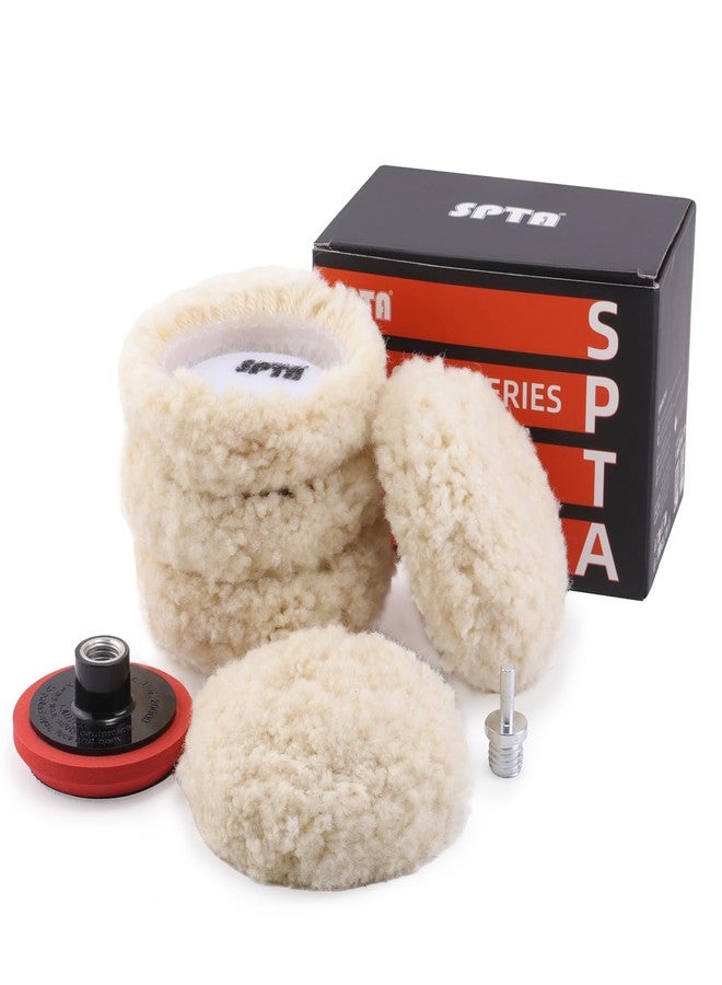 SPTA Wool Polishing Pad, 5Pcs 3"(75mm) 100% Natural Wool Buffing Pad with 1Pc Hook&Loop Backing Pad, 1Pc Extension Shank for Drill Polisher Cutting, Car Body Repair Buffing - Image 1
