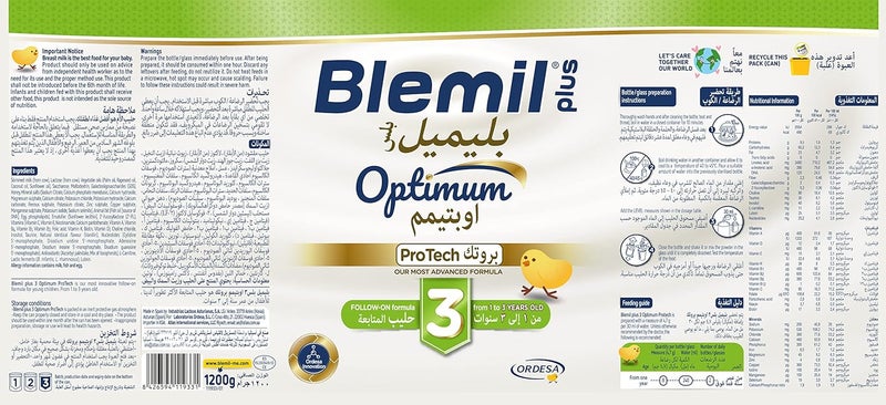 Blemil Plus 3 Optimum Protech Follow-On Formula Cow's Milk Powder for Toddlers from 1 to 3 Years - Image 2