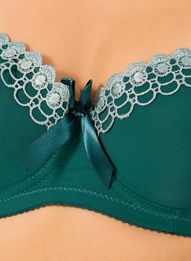 Take Two Take Two Solid Lace and Bow Detail Padded Wired Push Up Bra