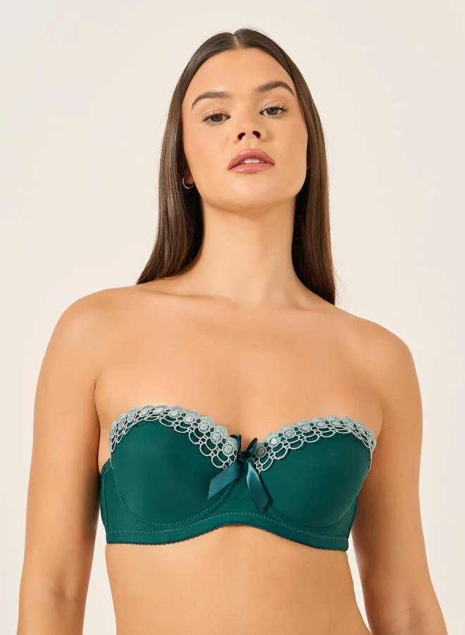 تايك تو Take Two Solid Lace and Bow Detail Padded Wired Push Up Bra