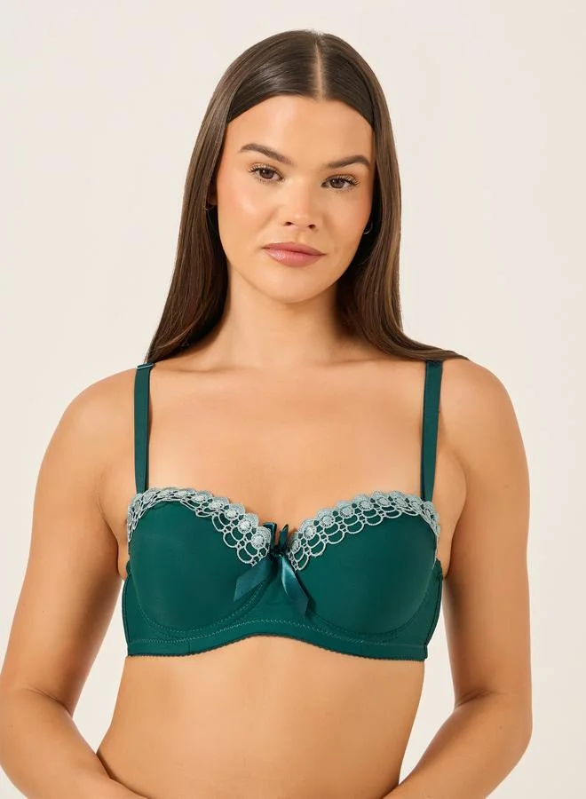 Take Two Take Two Solid Lace and Bow Detail Padded Wired Push Up Bra